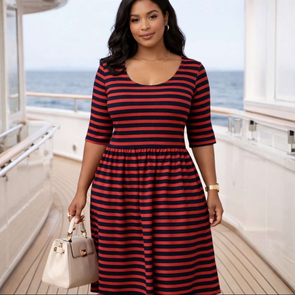 OLD NAVY ORANGE NAVY BLUE STRIPED FIT FLARE SHORT SLEEVE KNIT DRESS XL NWT